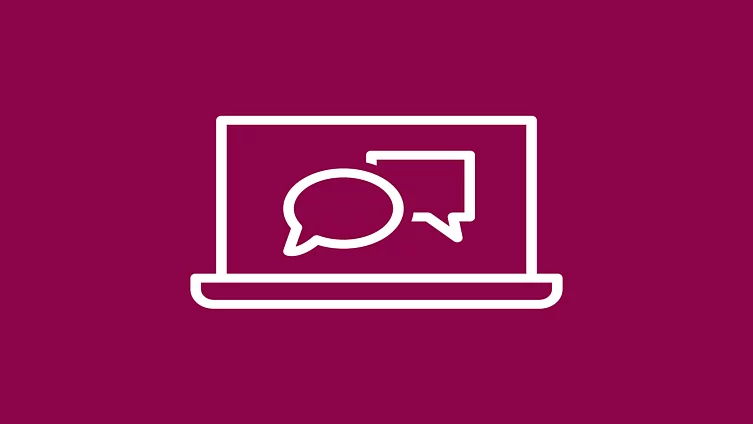 White FES icon shows a laptop with two overlapping speech bubbles on the screen on a darke-red background.