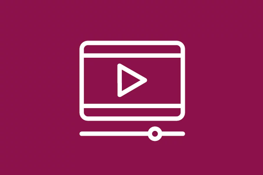 The white FES icon depicts a video player symbol featuring a play triangle and a playback slider on a dark red background.