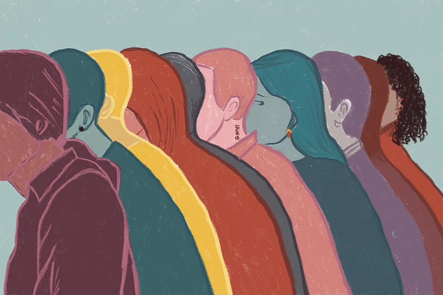 This illustration shows a row of people in profile, standing shoulder to shoulder in a line, intended to symbolise diversity and solidarity.